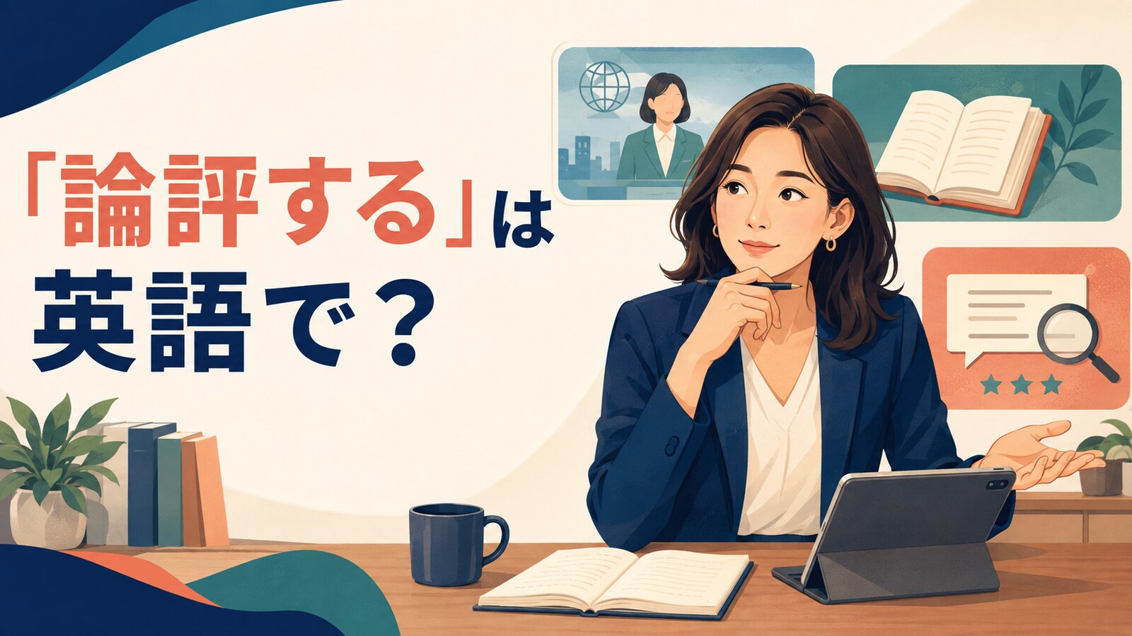 ニュースや作品について考えを整理し論評する人物のイラスト