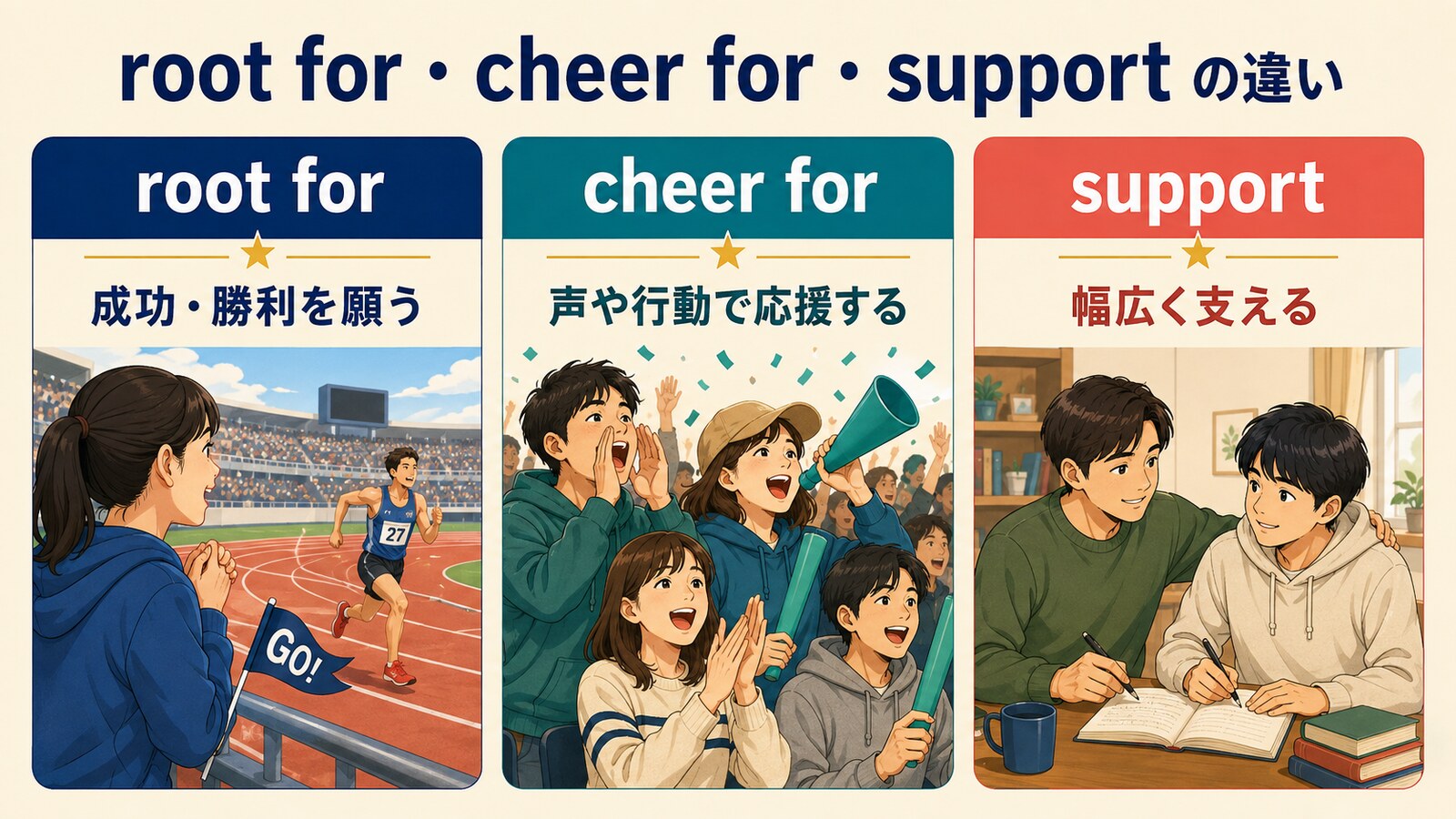 root for、cheer for、supportのニュアンスの違いを比較した図
