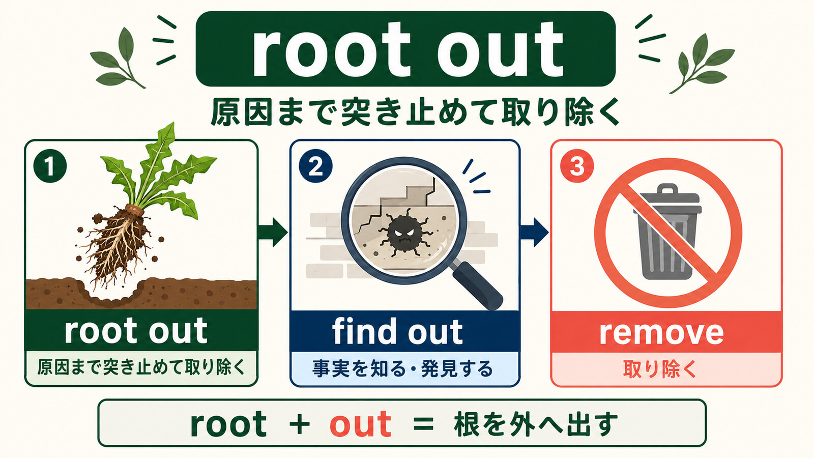 root out・find out・removeの意味とニュアンスの違い
