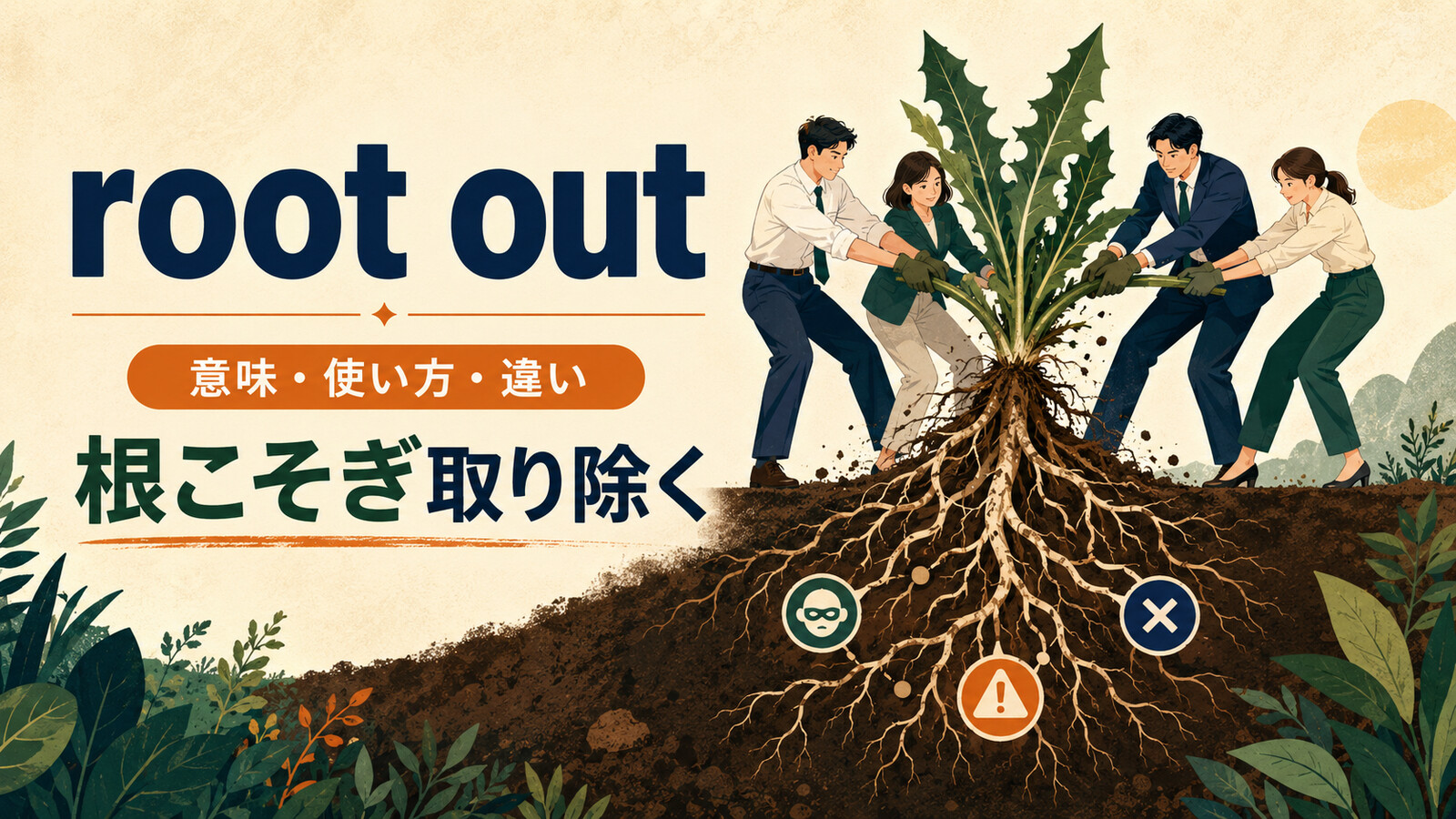 root outの意味は？「根こそぎ取り除く」の使い方・語順とfind outとの違い