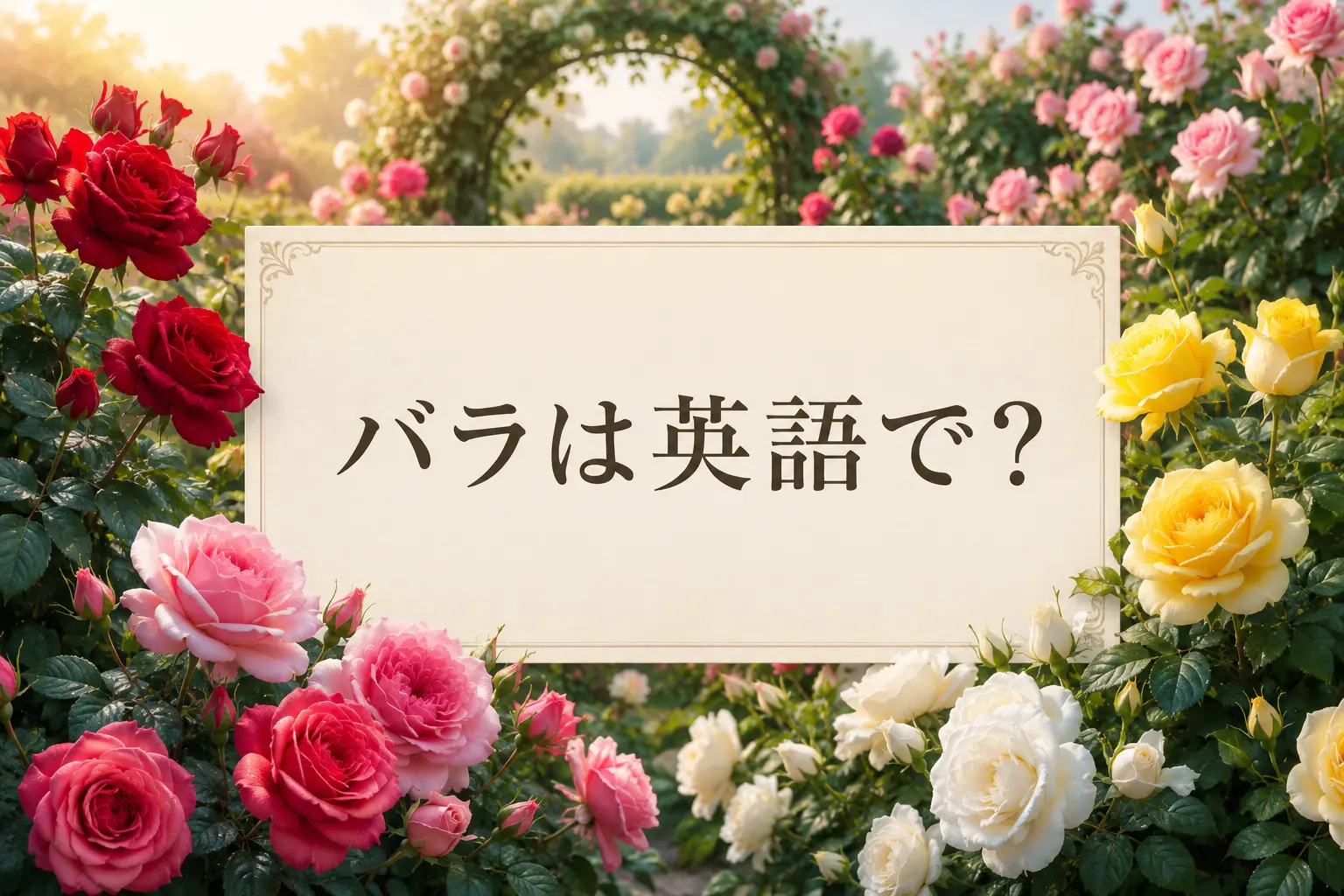 バラは英語でと紹介する赤・ピンク・白・黄色のバラ園