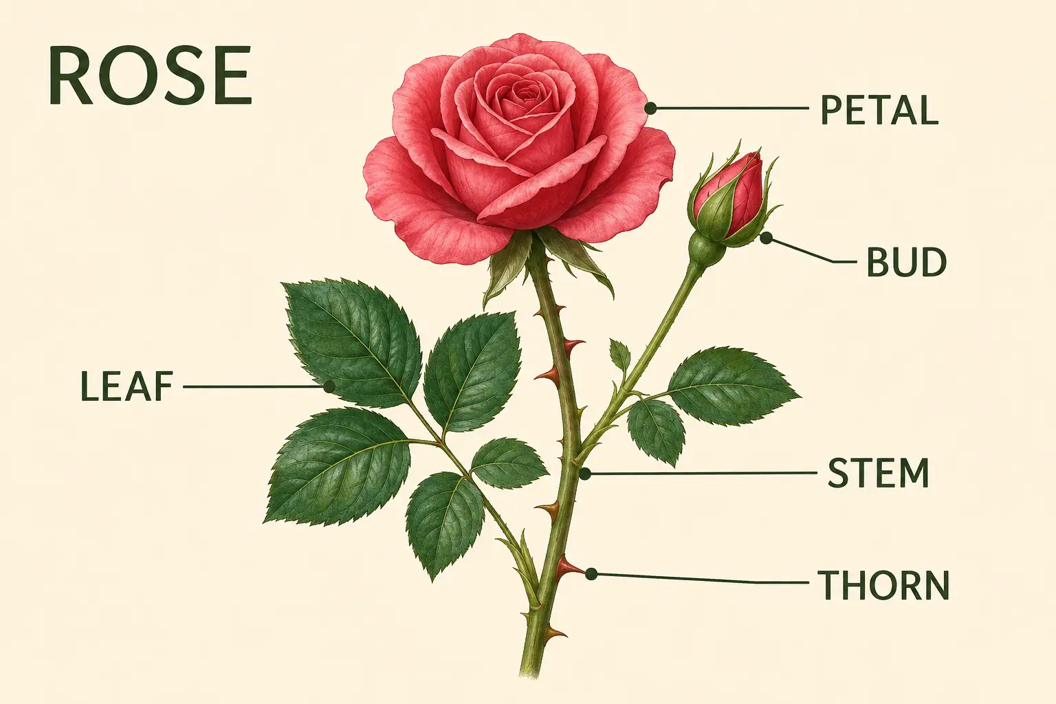 バラの花・花びら・つぼみ・葉・茎・とげを英語で示した図