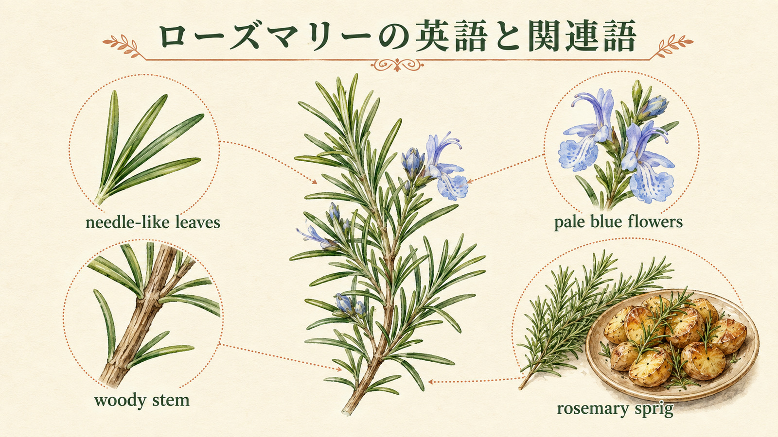 ローズマリーの針状の葉・木質の茎・青い花・料理用の枝を英語で示した植物解説イラスト