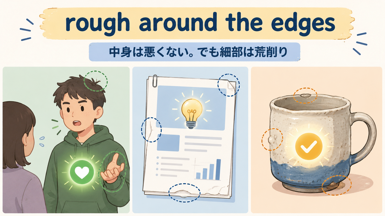 rough around the edgesを人物・企画・製品の荒削りな細部で示す解説イラスト