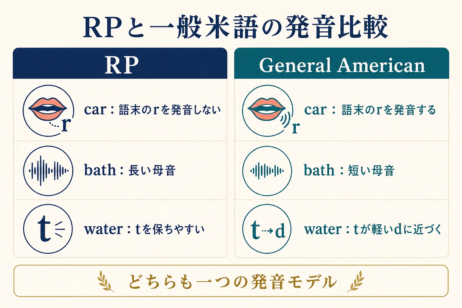 RPとGeneral Americanのr・bath・waterの発音比較図