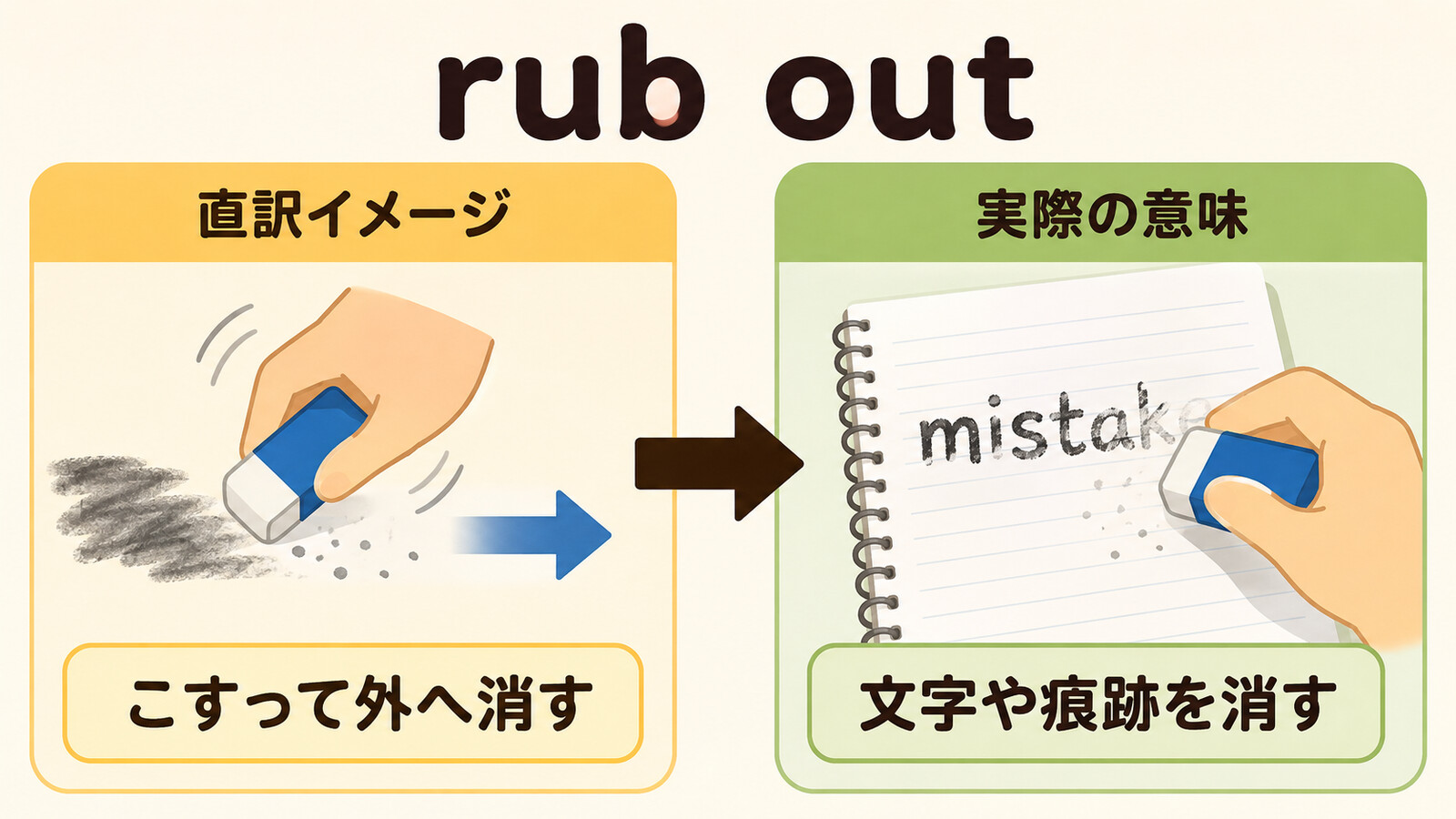 rub outの直訳イメージと実際の意味・用法を比較する解説イラスト