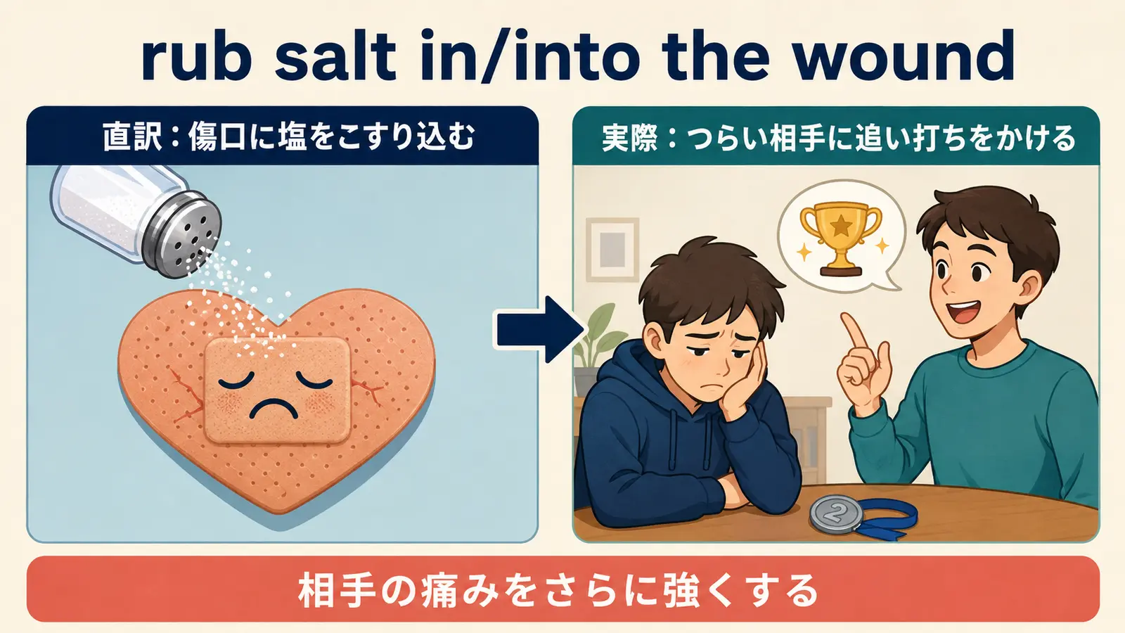 rub salt inまたはinto the woundの直訳と追い打ちをかける意味の比較図