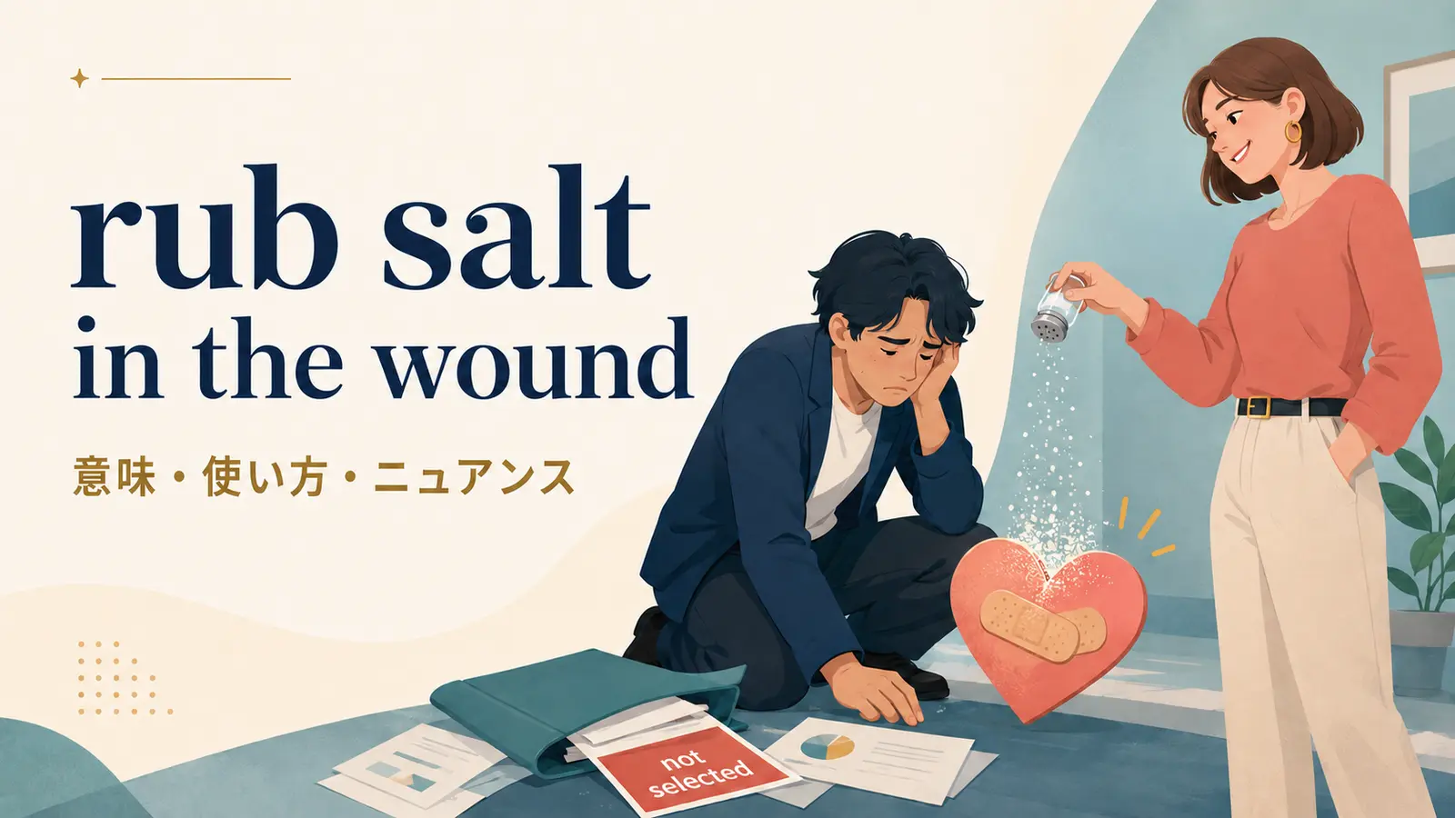 rub salt in the woundの意味と使い方を示すアイキャッチ