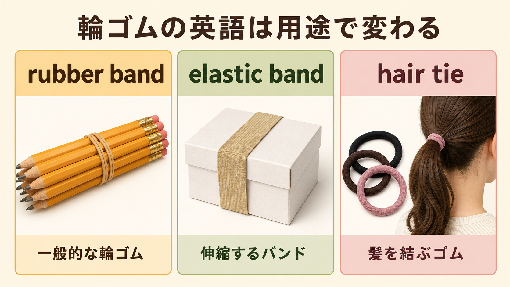 一般的な輪ゴムのrubber band、伸縮バンドのelastic band、髪ゴムのhair tieの違い