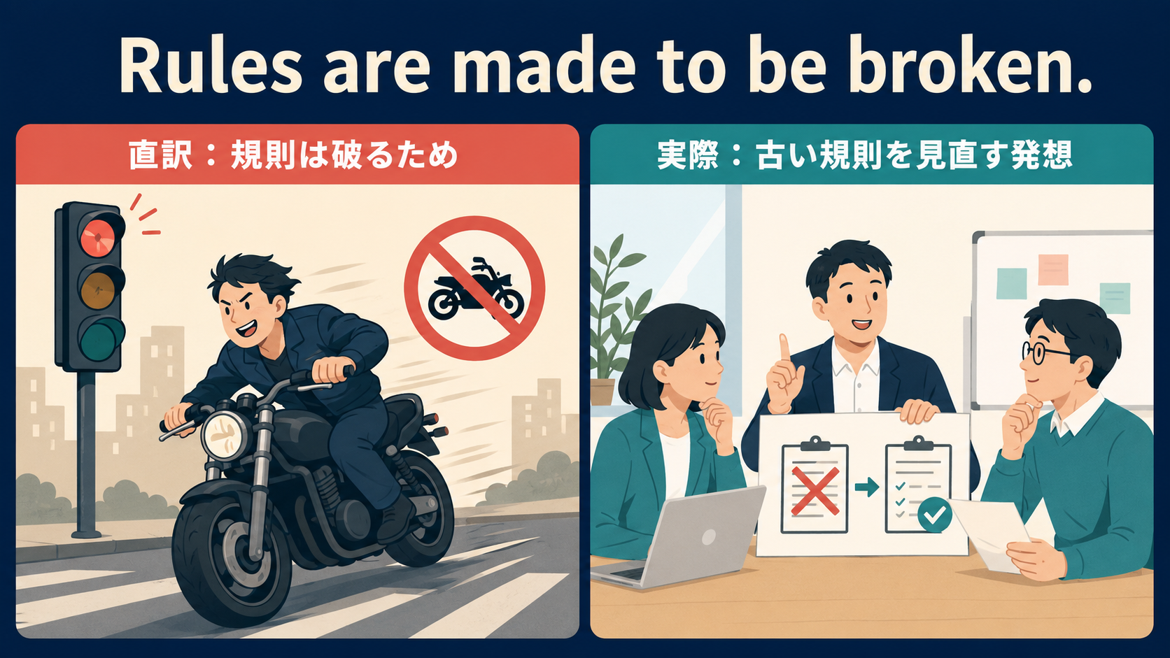 Rules are made to be broken.の直訳と実際のニュアンスを比較する図解