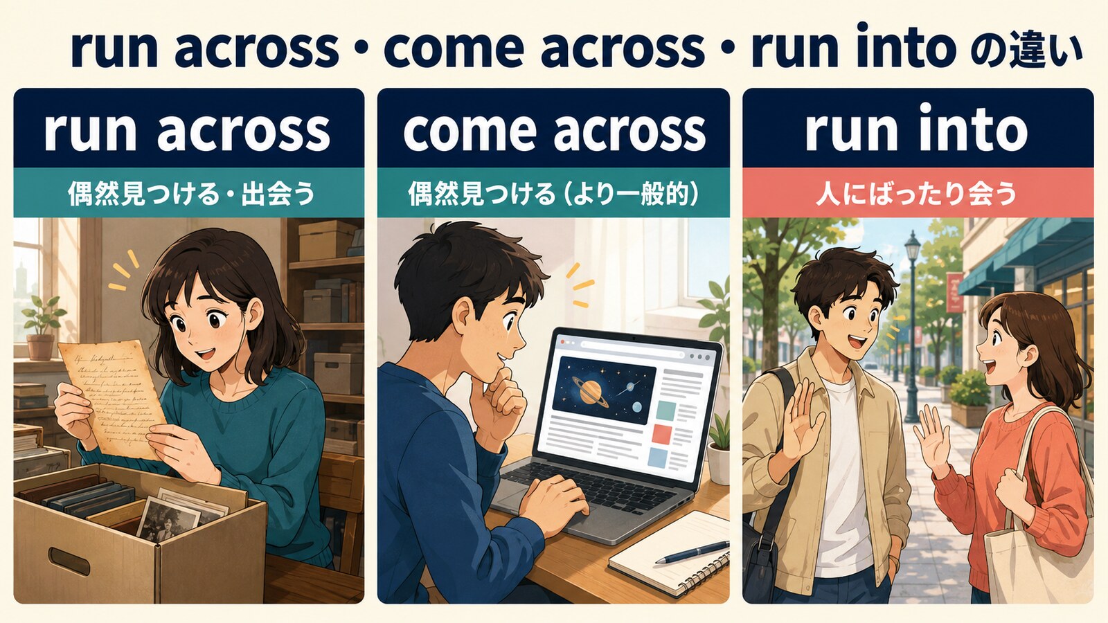 run across、come across、run intoの使い分けを比較した図