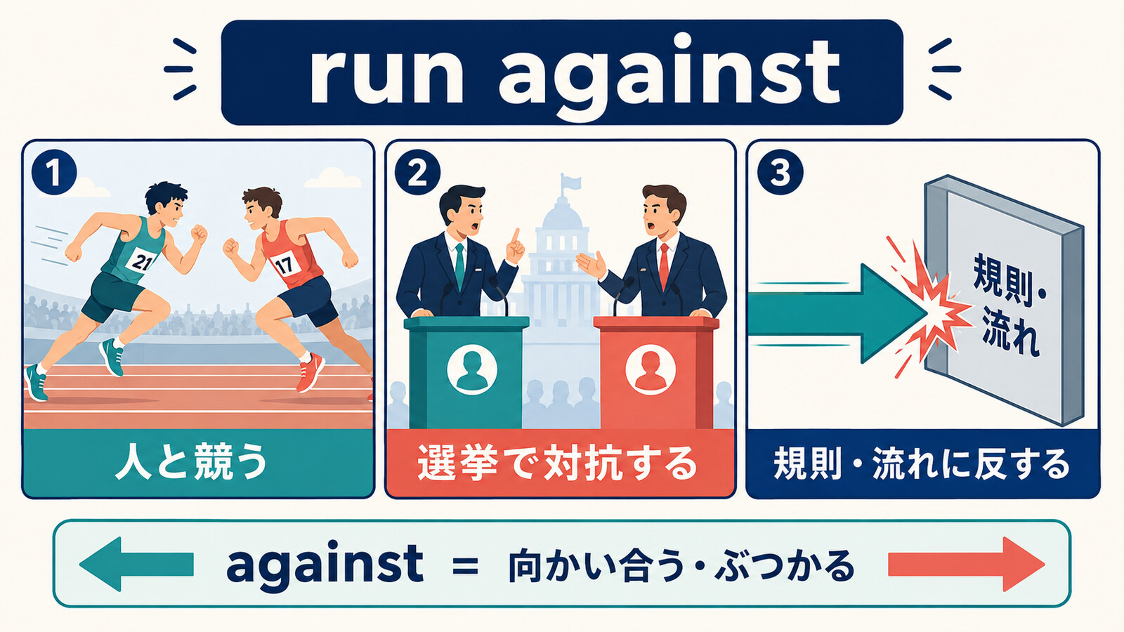 run againstの「人と競う・選挙で対抗する・規則や流れに反する」の違い