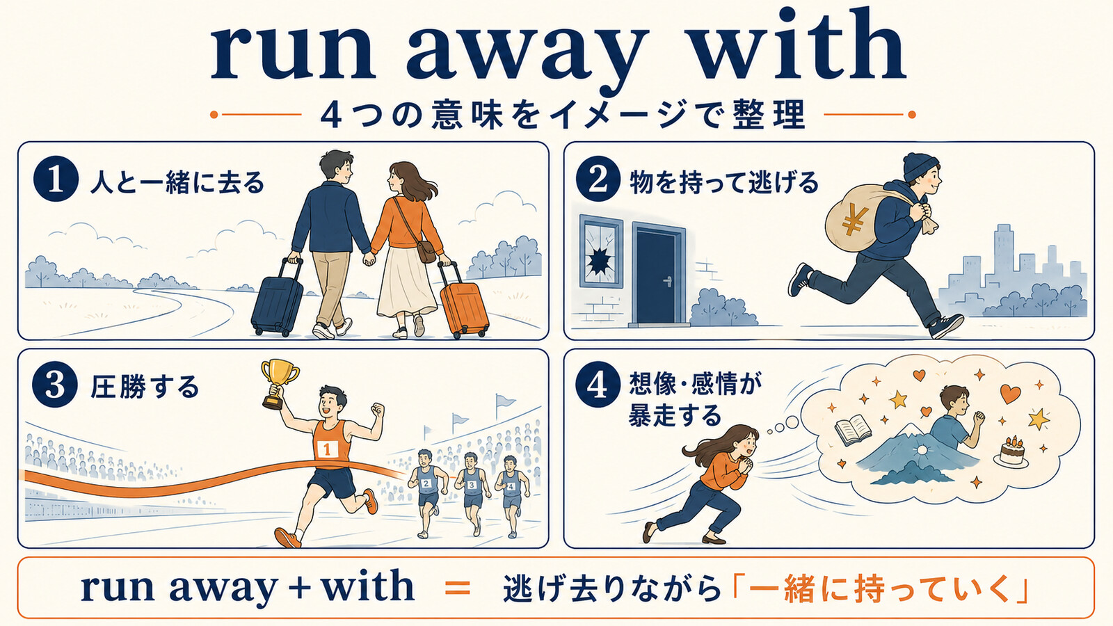run away withの4つの意味をイメージで整理した図解