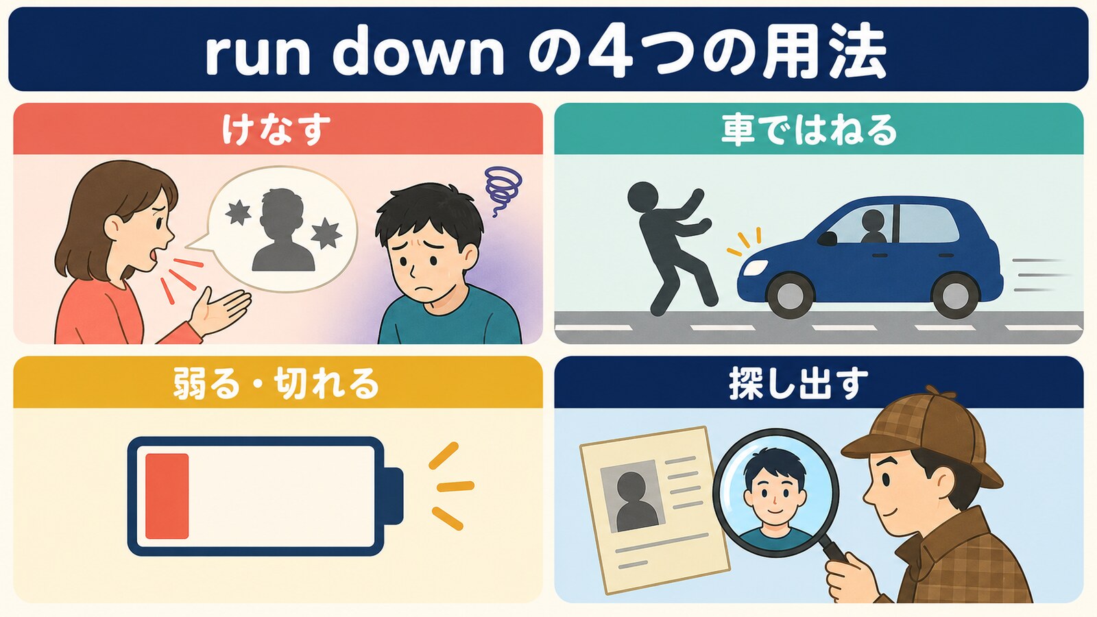 run downの4つの用法「けなす・車ではねる・弱る・切れる・探し出す」の比較図