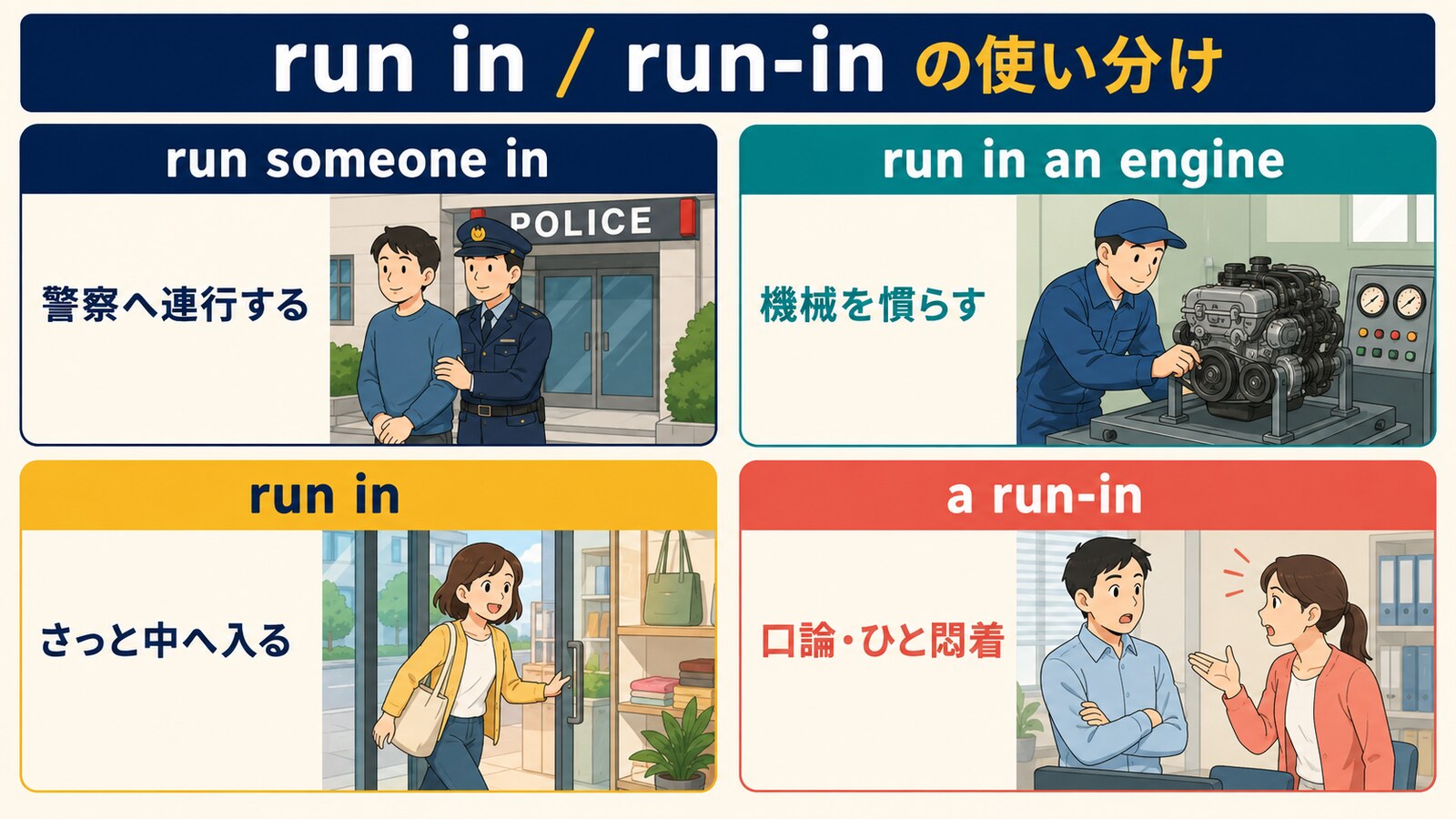 run someone in・run in an engine・さっと中へ入るrun in・名詞run-inの使い分け図