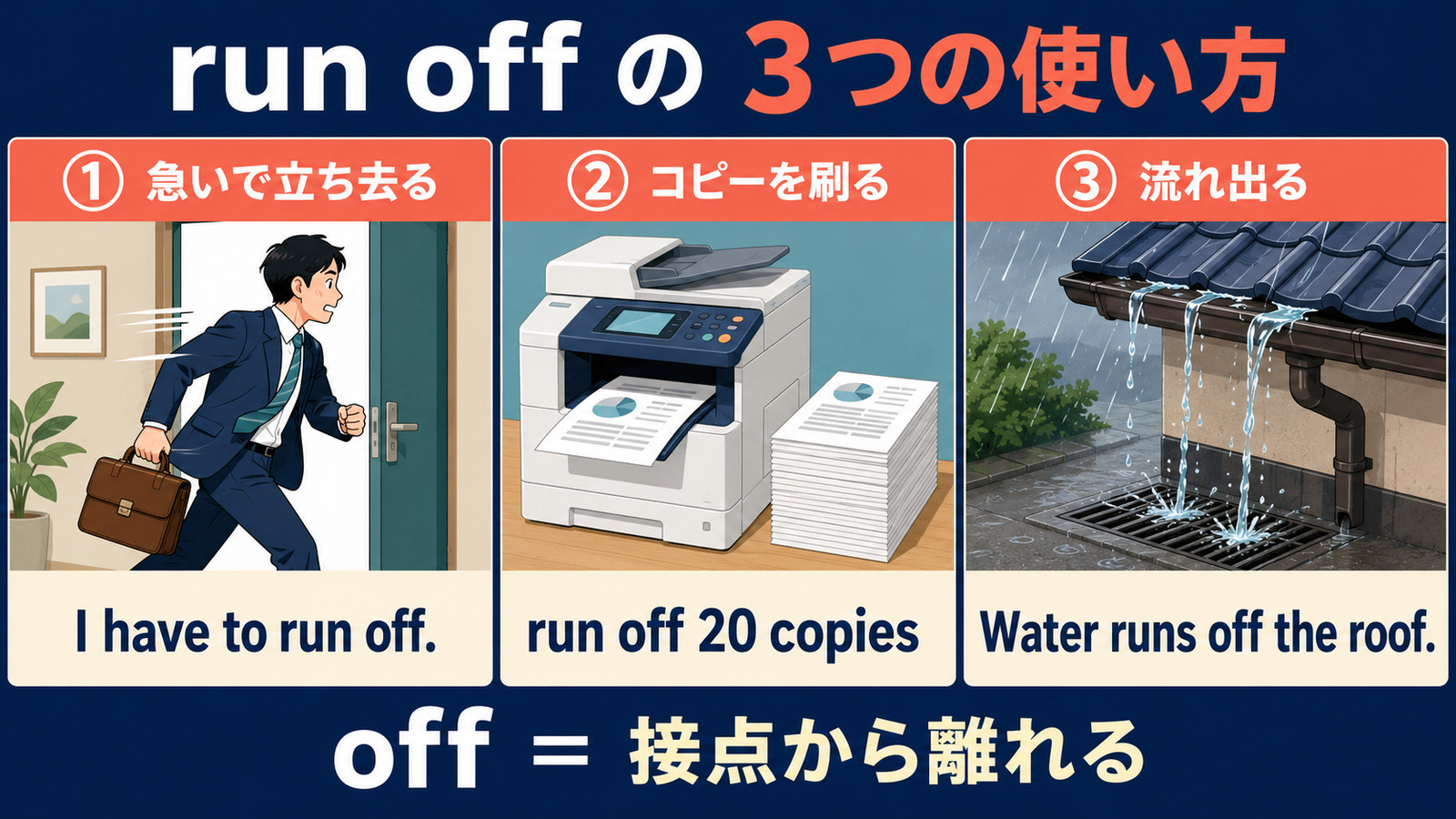 run offの急いで立ち去る・コピーを刷る・水が流れ出るという3用法の解説図