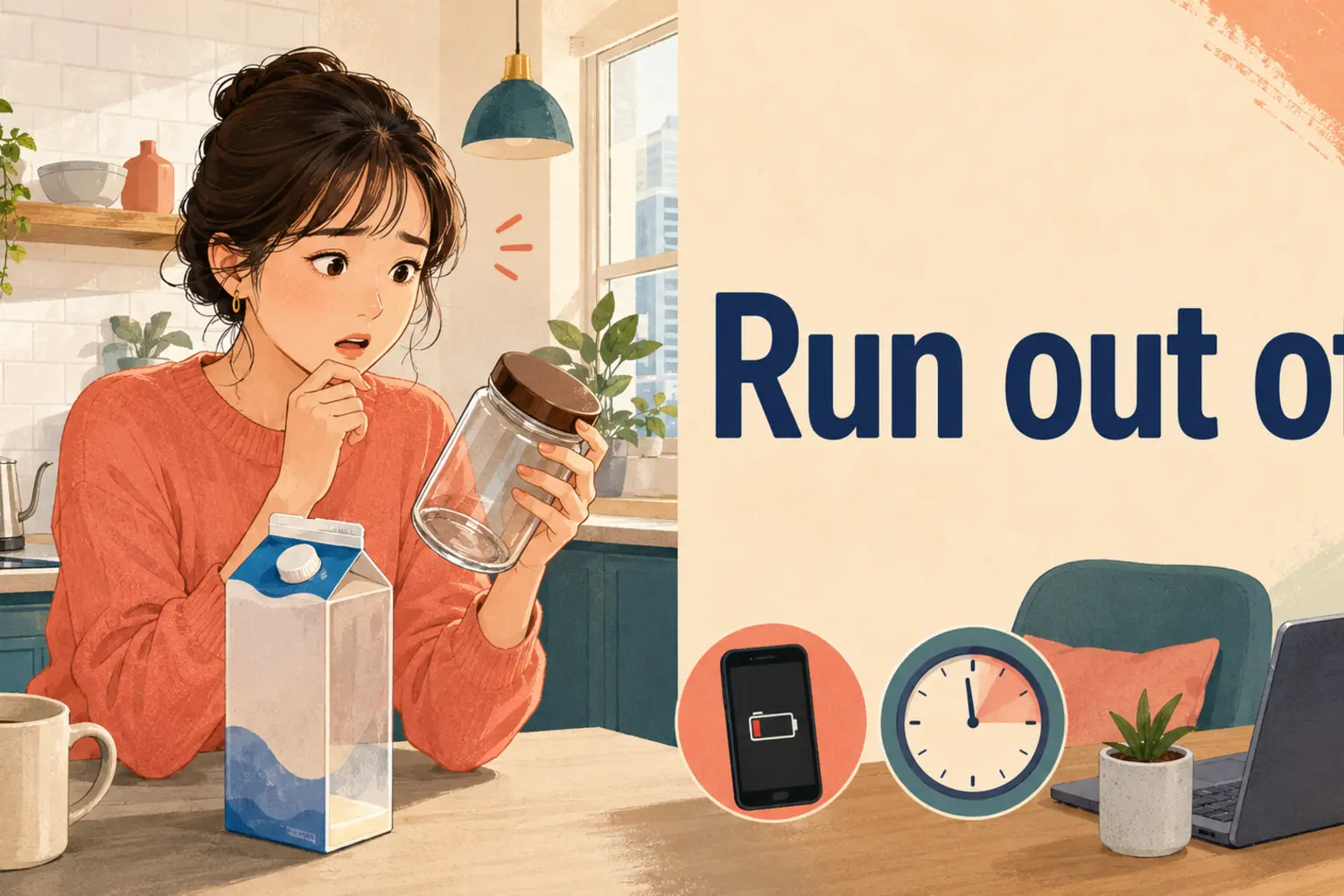 Run out ofの意味とコーヒーなどを使い果たすイメージのアイキャッチ