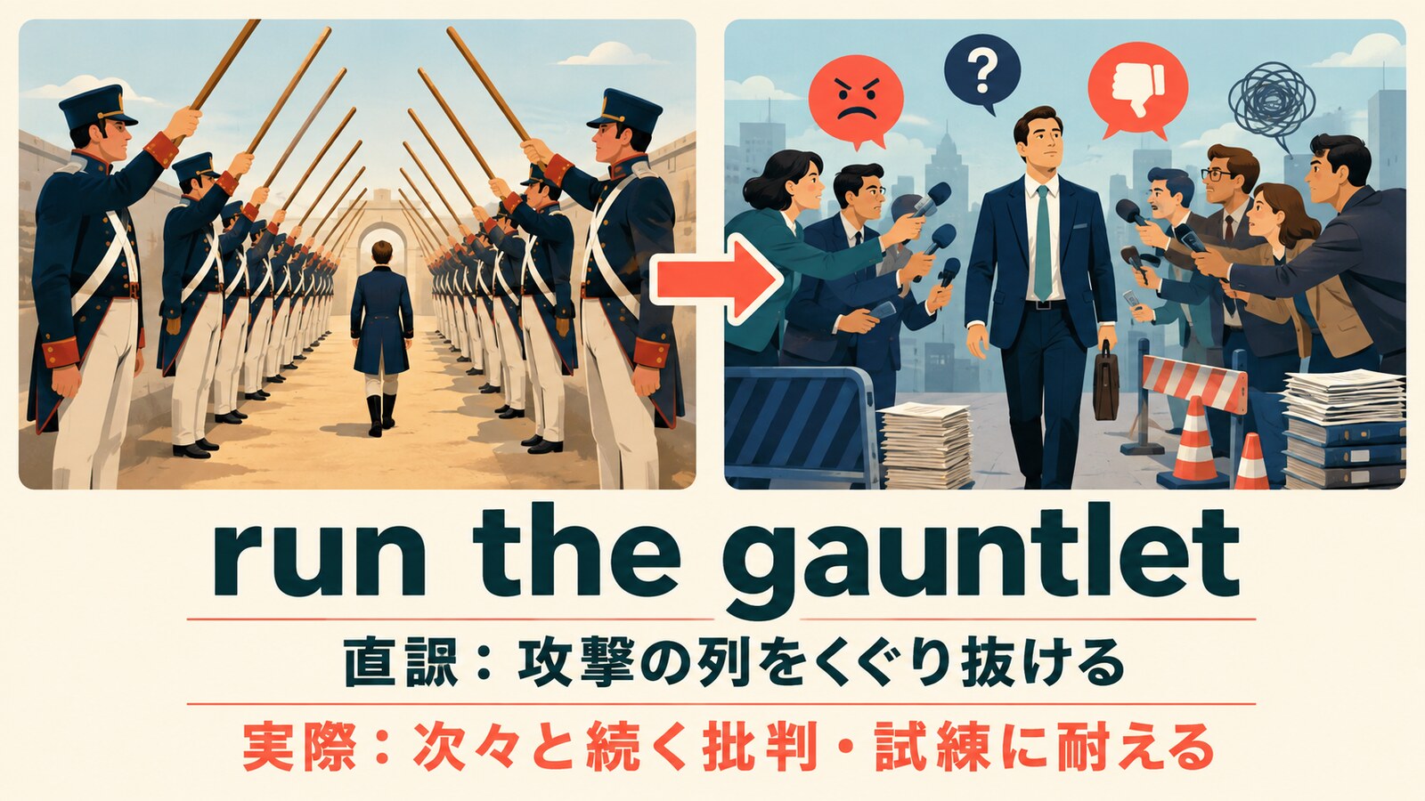 run the gauntletの直訳「攻撃の列をくぐり抜ける」と実際の意味「次々と続く批判・試練に耐える」の比較