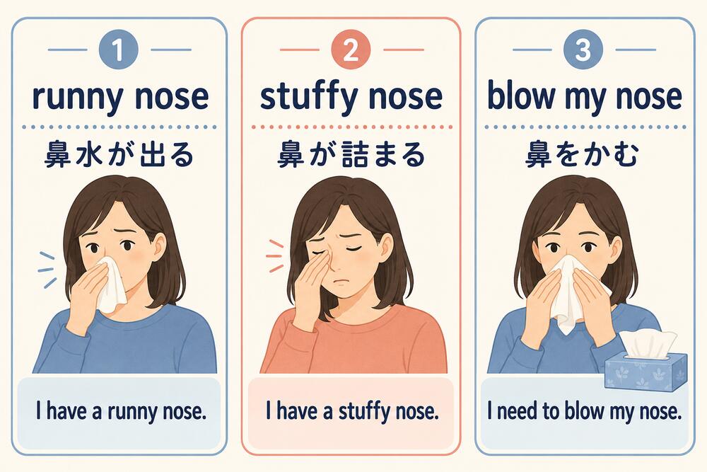runny nose・stuffy nose・blow my noseの意味と例文