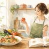 キッチンで料理をする女性と食材・完成した一皿の水彩イラスト