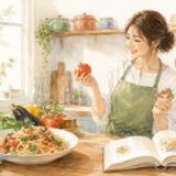 キッチンで料理をする女性と食材・完成した一皿の水彩イラスト