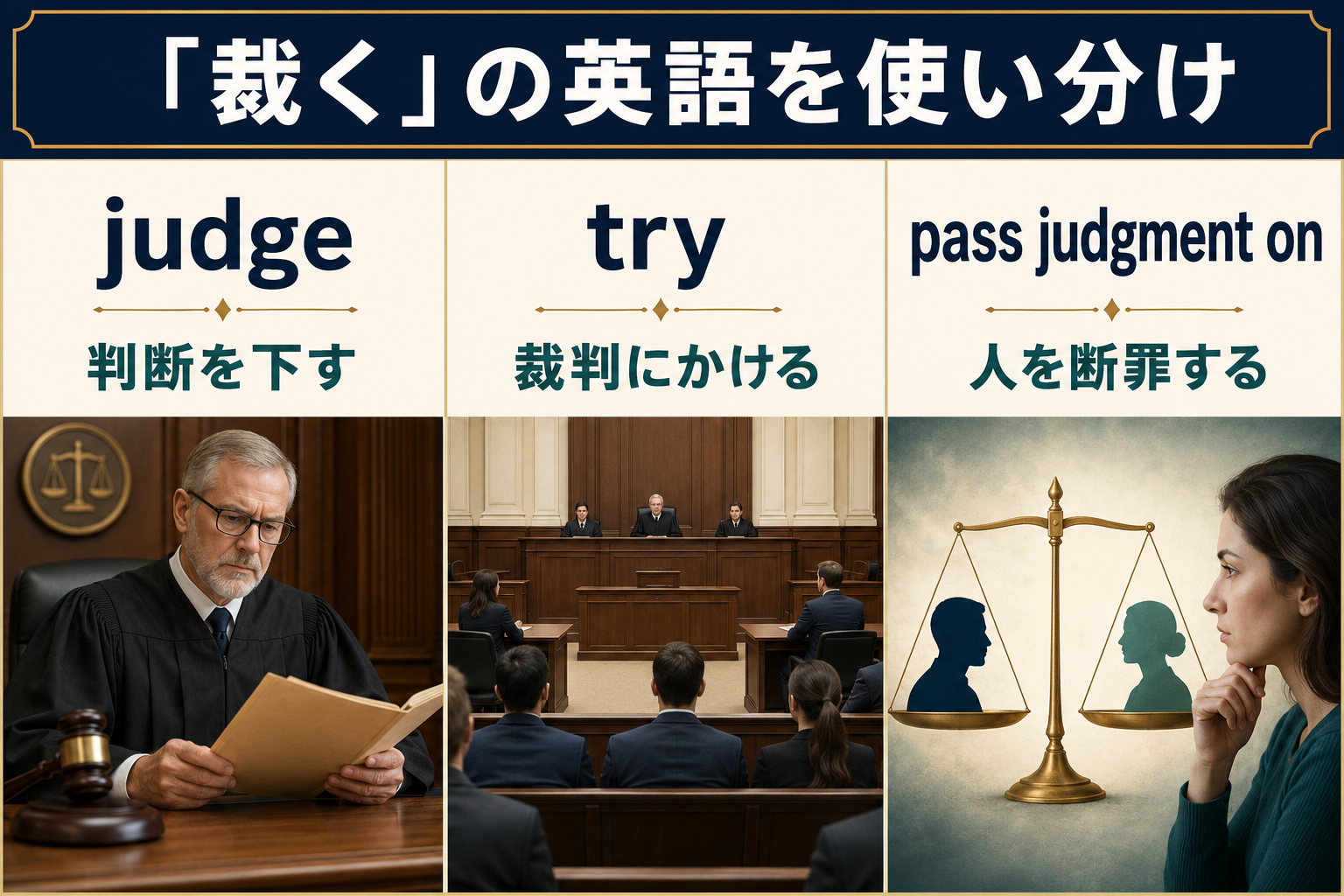 judge・try・pass judgment onの違い