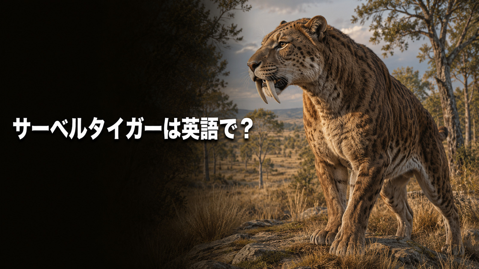 更新世の草原に立つサーベルタイガーと「サーベルタイガーは英語で?」の文字
