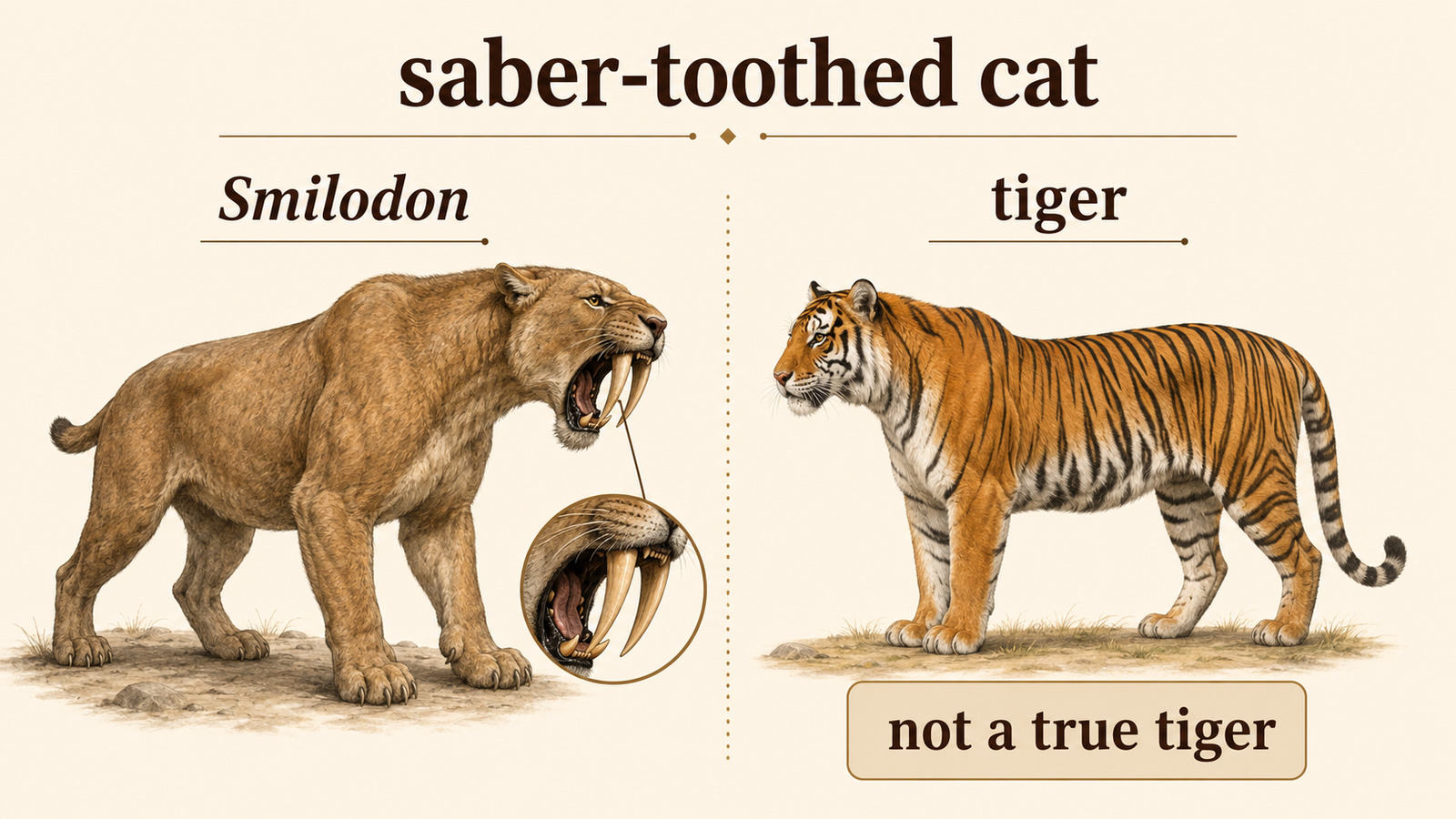 saber-toothed catのSmilodonと現生のtigerを比較し、真のトラではないことを示す図