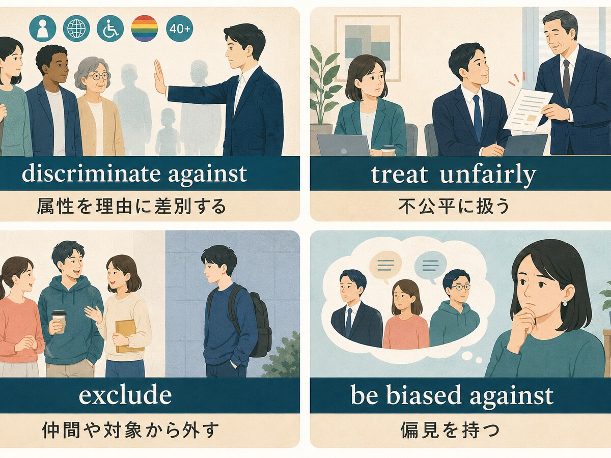 discriminate against・treat unfairly・exclude・be biased againstの使い分け比較