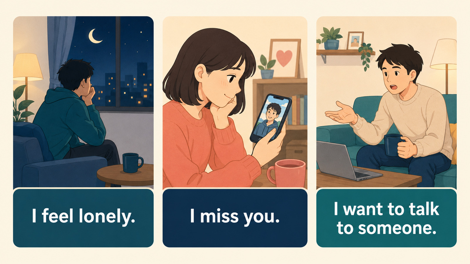 I feel lonely、I miss you、I want to talk to someoneの使い分け