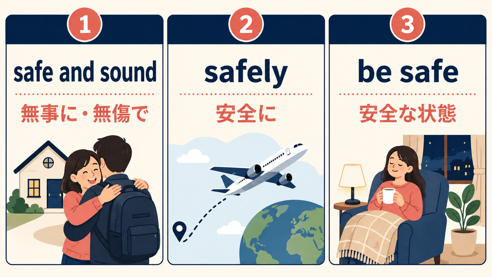 safe and sound・safely・be safeの意味とニュアンスの違い