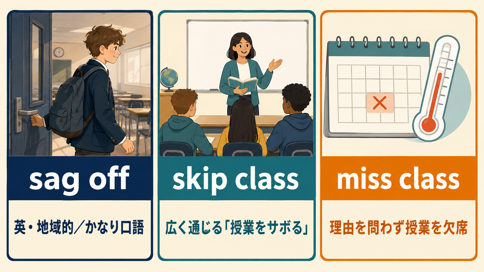 sag off、skip class、miss classの意味と使用域の違いを比較する図