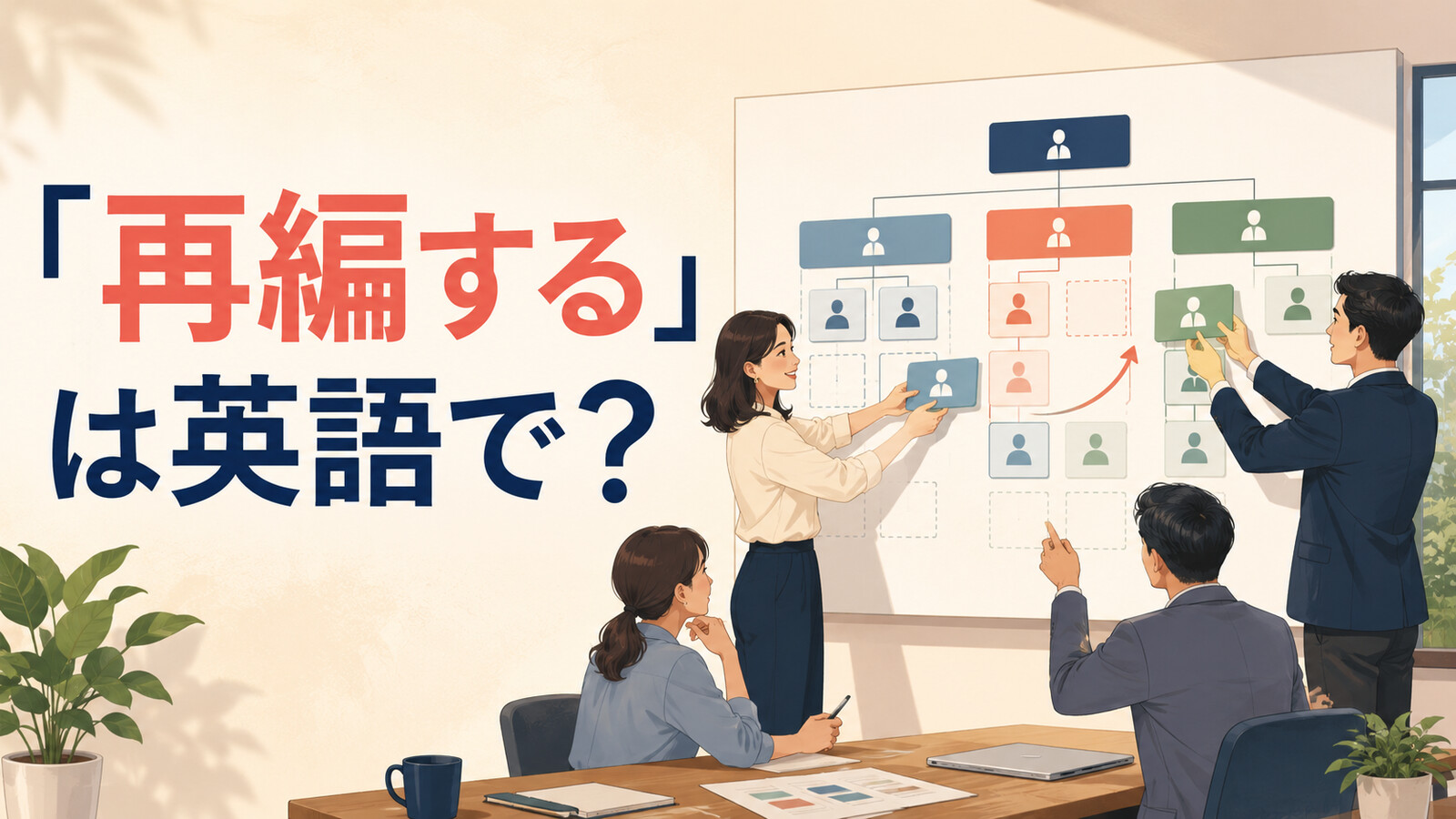 「再編する」は英語で？組織図を組み替えるチームのイラスト