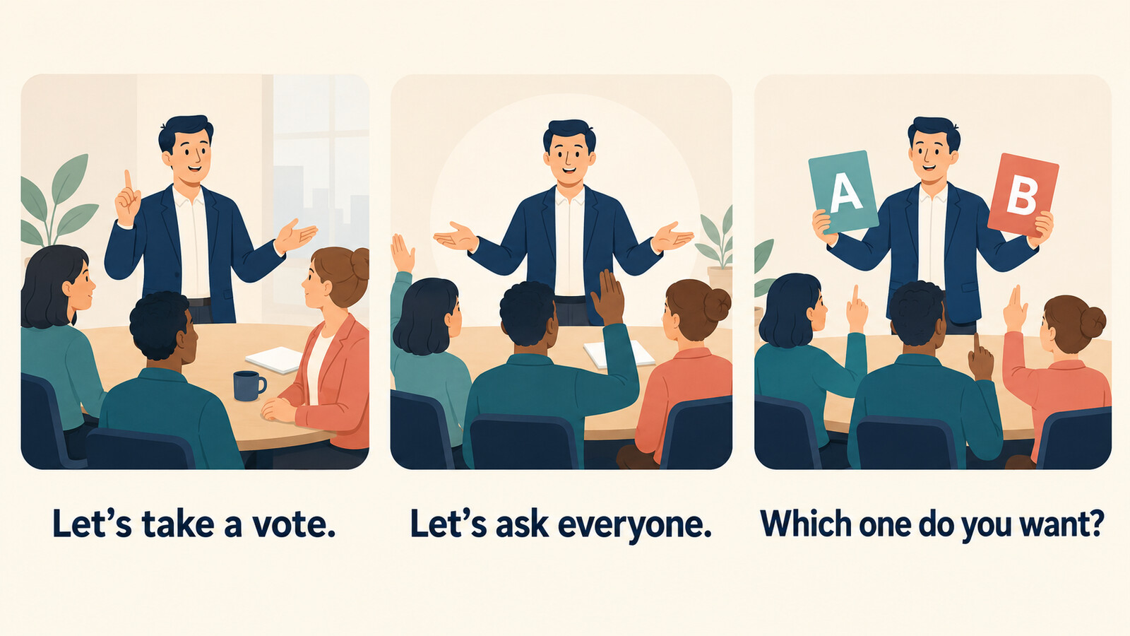 Let’s take a voteをLet’s ask everyoneとWhich one do you wantに言い換える図解