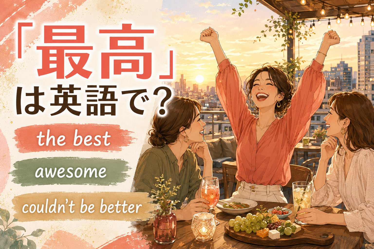 「最高」は英語で?the best・awesome・couldn't be betterと書かれた英会話記事のイラスト