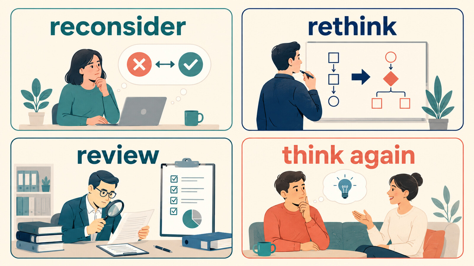 reconsider・rethink・review・think againの意味と使い分け