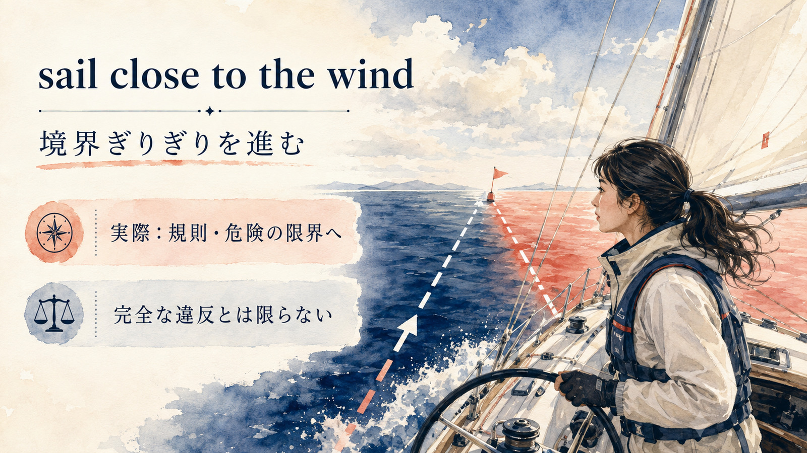 sail close to the windの直訳と実際の意味を比較する本文イラスト