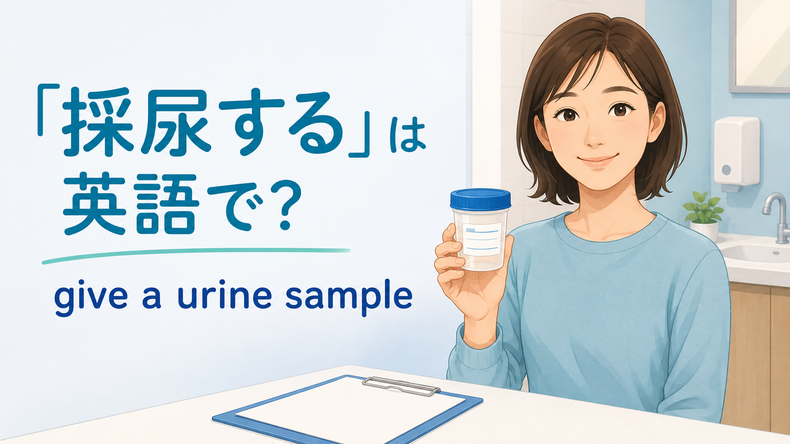 「採尿する」は英語でgive a urine sampleと伝える解説記事のアイキャッチ