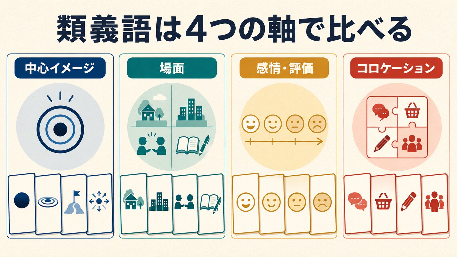 英語類義語を中心イメージ・場面・感情・連語で比べる図解