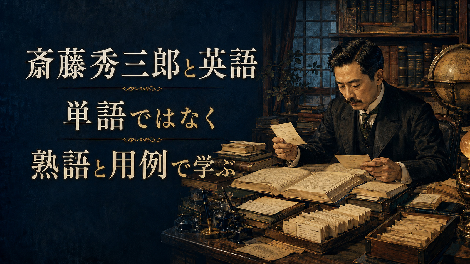 斎藤秀三郎が熟語と用例を重視して英語辞典を編纂した仕事を表すアイキャッチ
