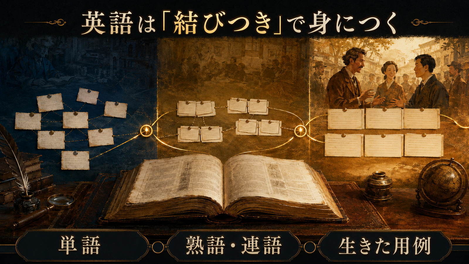 単語から熟語・連語を経て生きた用例へ進む英語学習を表す図解