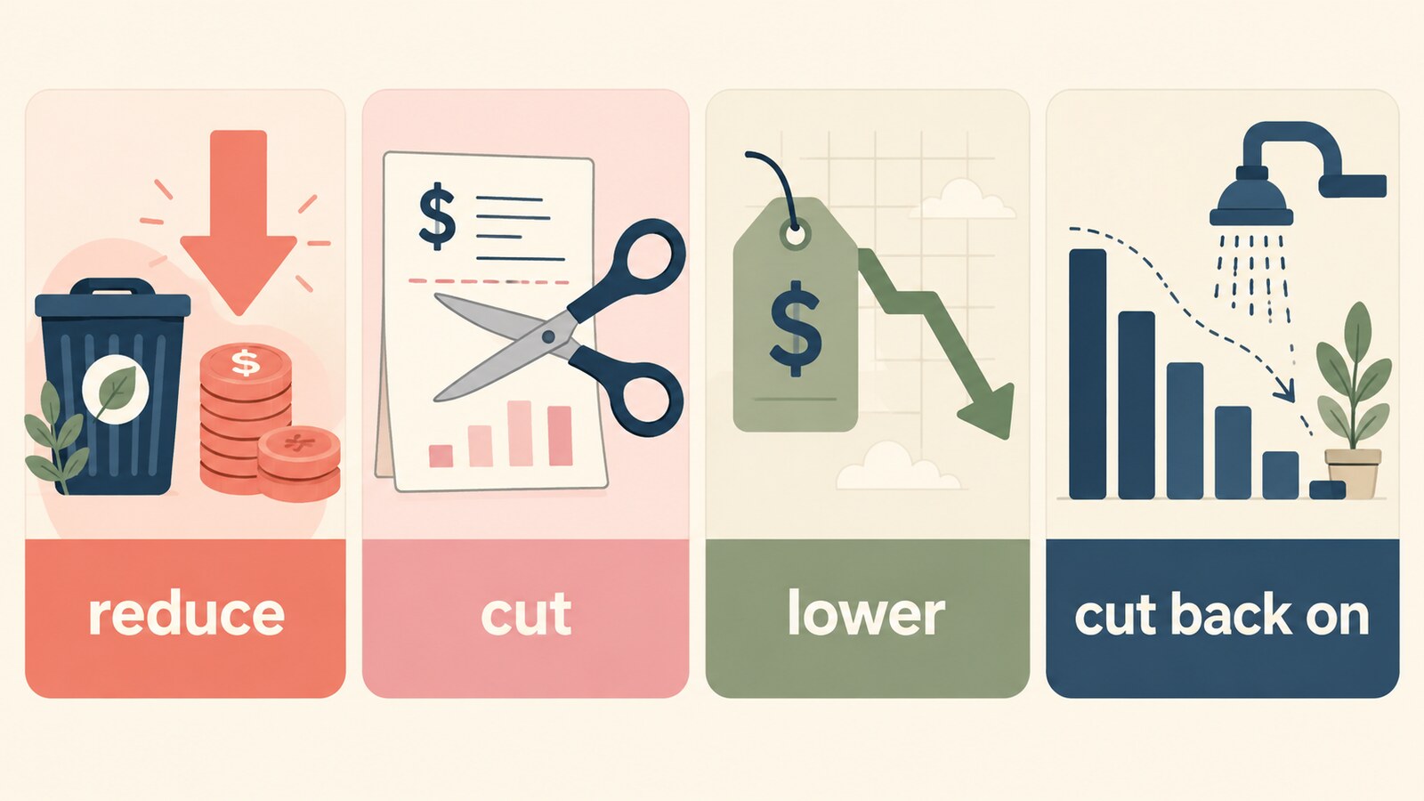 reduce・cut・lower・cut back onの使い分け比較