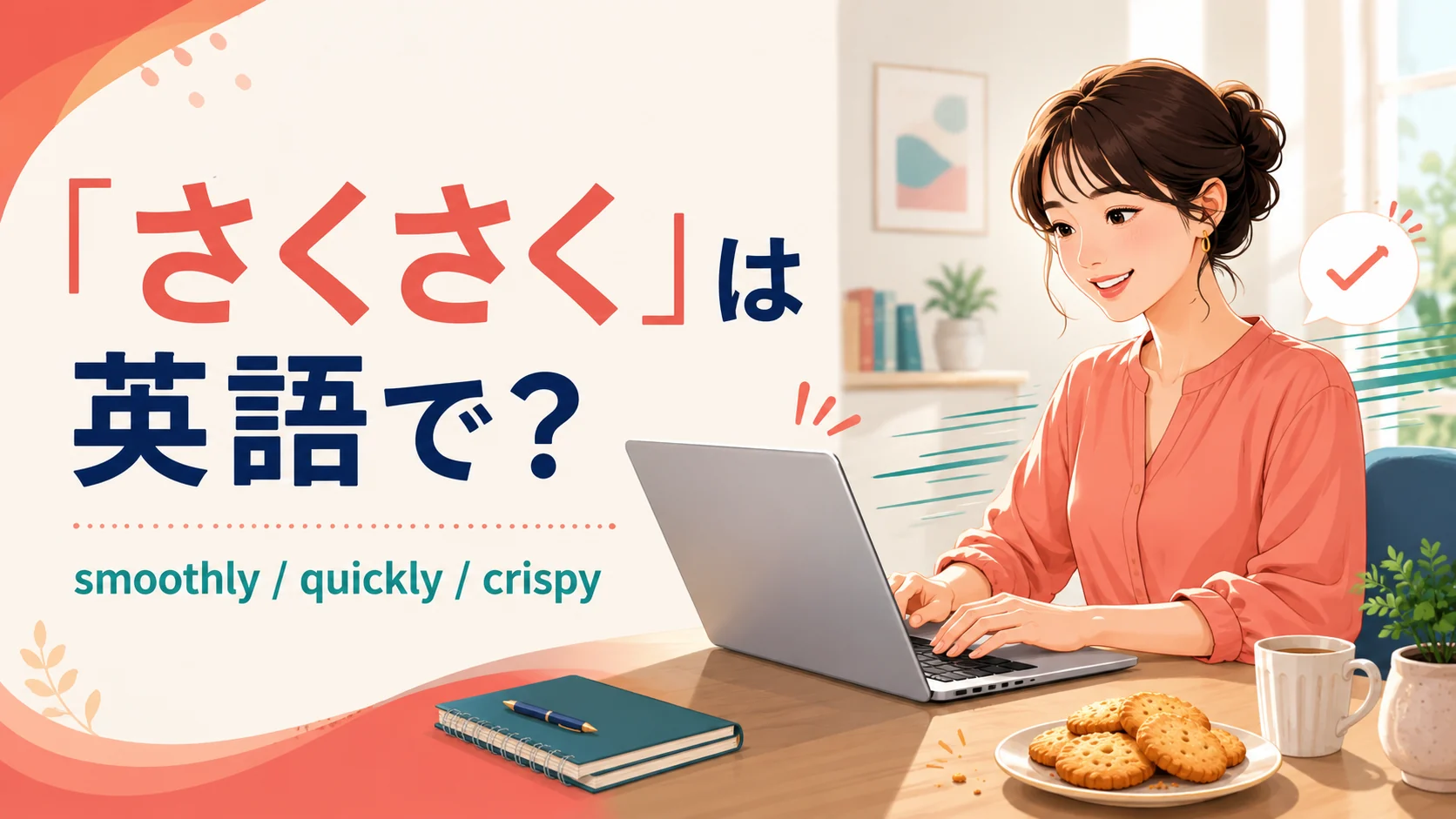 「さくさく」は英語で？ smoothly、quickly、crispyを紹介するイラスト