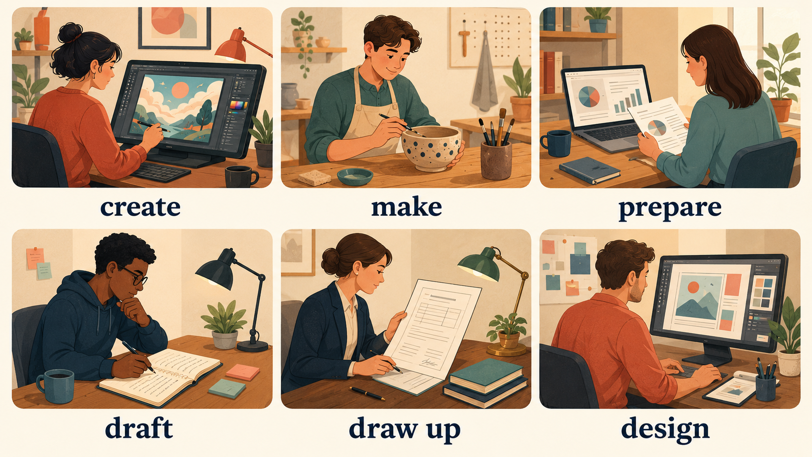 create・make・prepare・draft・draw up・designの違いを示す比較イラスト