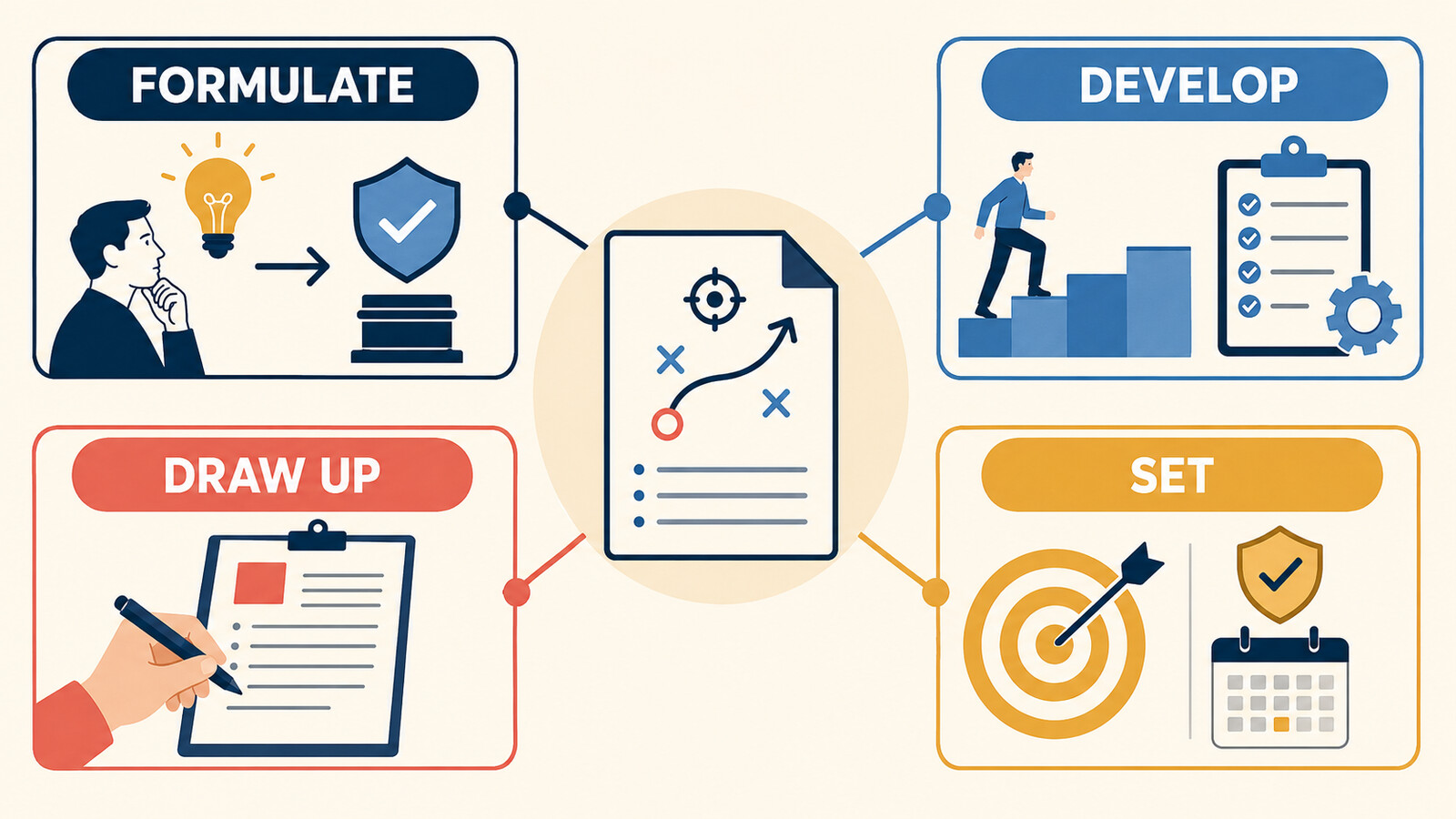 formulate・develop・draw up・setの違いを示すイラスト