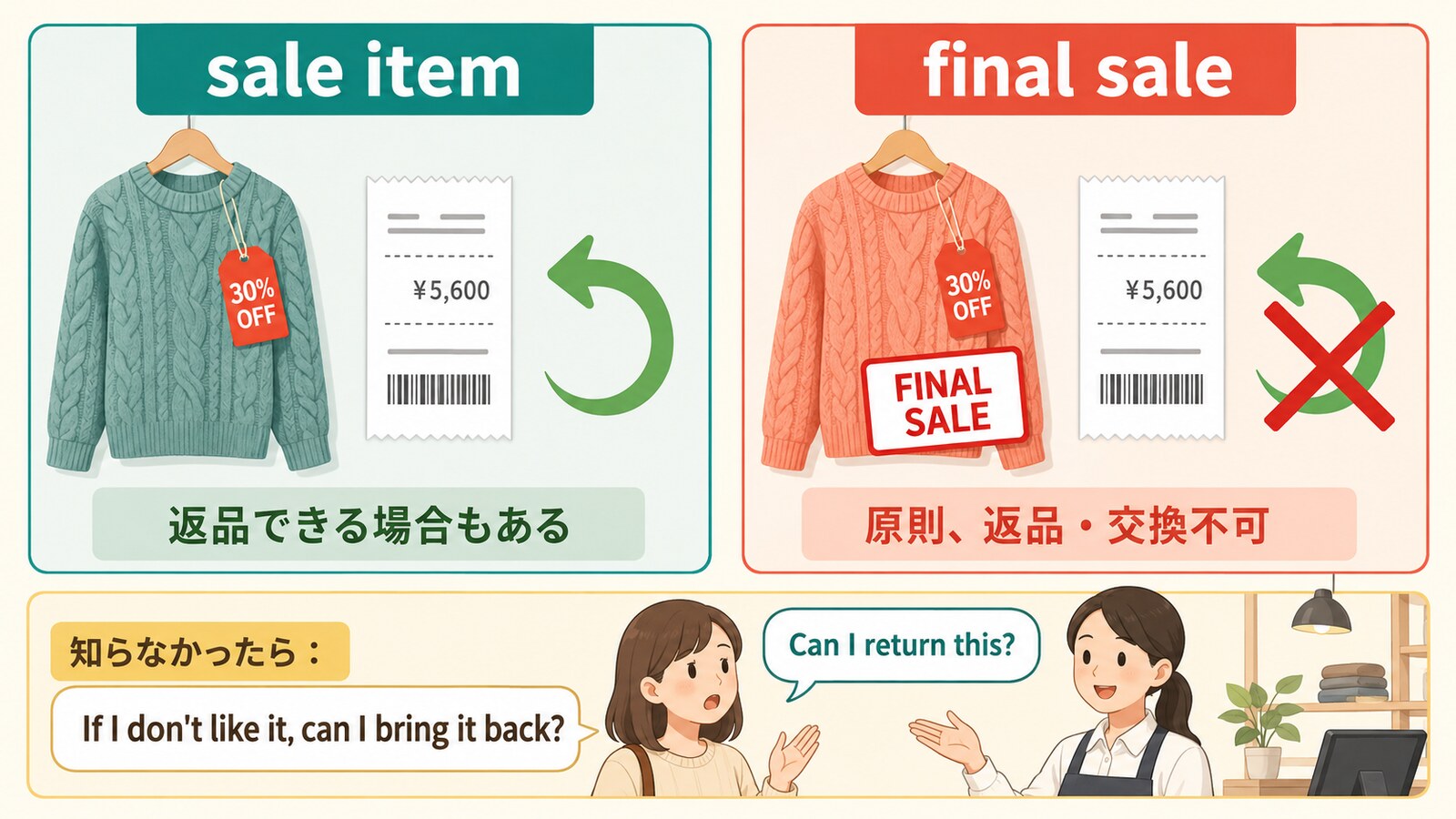 sale itemとfinal saleの返品可否の違い、簡単な英語での聞き方を示す解説イラスト