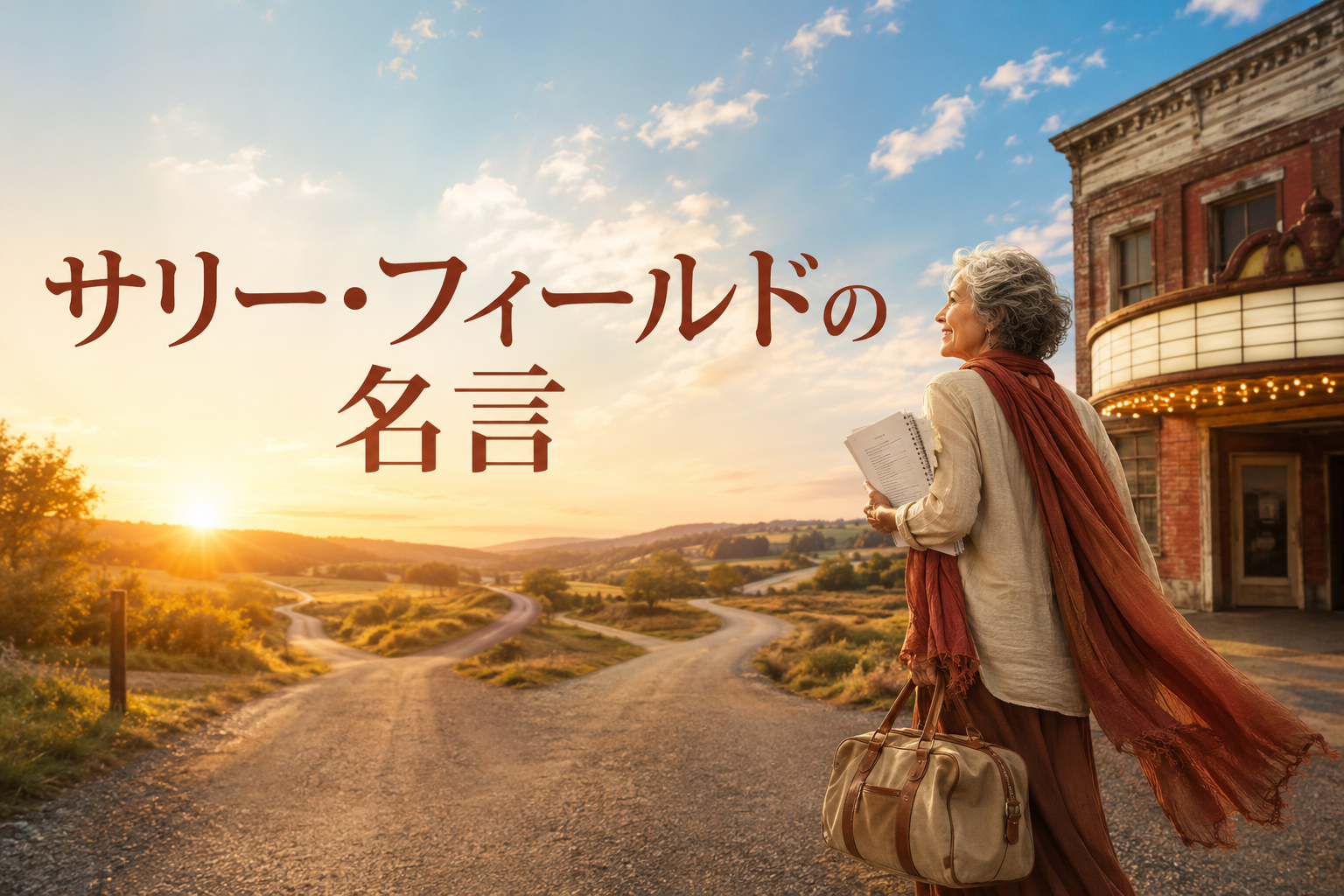 朝日の分かれ道に立つ架空の成熟した女性と「サリー・フィールドの名言」の文字