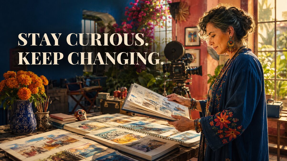 物語を映画にする女性とStay curious Keep changingの文字