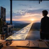 未知の未来へ続く光の道を見つめる架空の技術起業家
