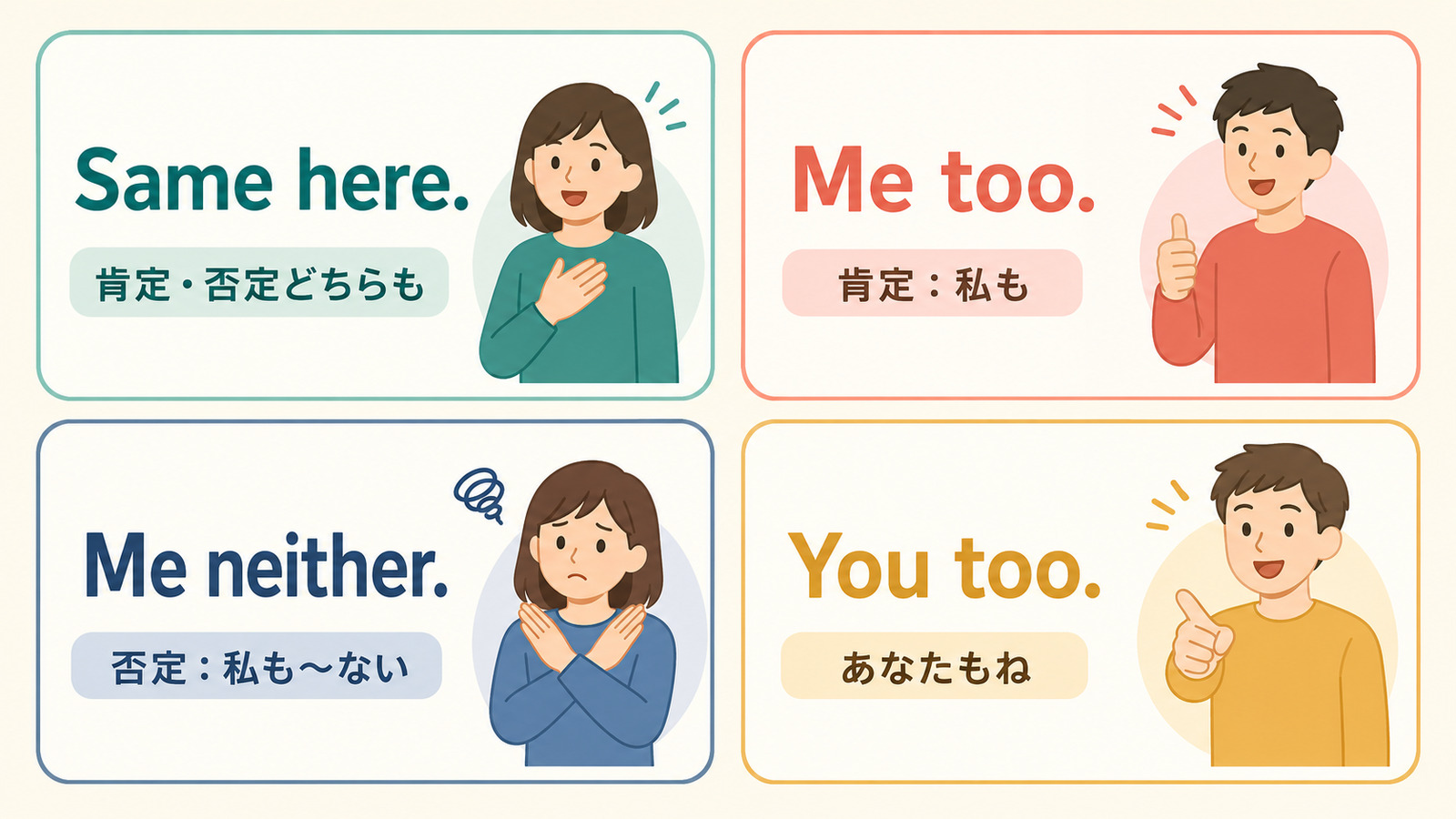 Same here.、Me too.、Me neither.、You too.の使い分け